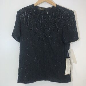 Mark & John by Sam Womens Blouse Medium Black Silk Beaded Sequins Short Sleeve